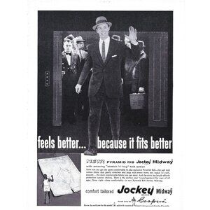 Vintage 1958 Jockey Midway Mens Underwood Ad People Elevator